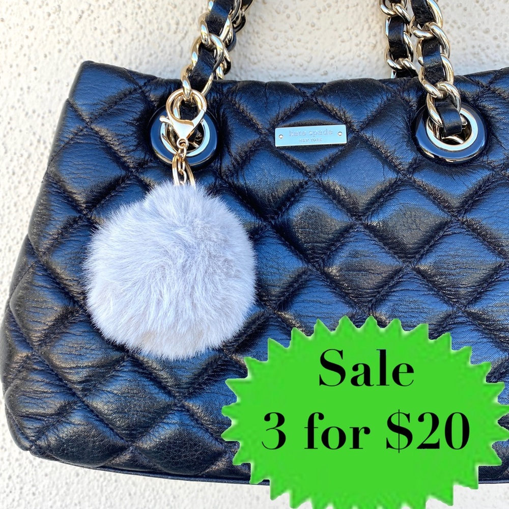 Pom pom keychain Gray puff ball key ring clip fuzzy faux fur purse accessory bag